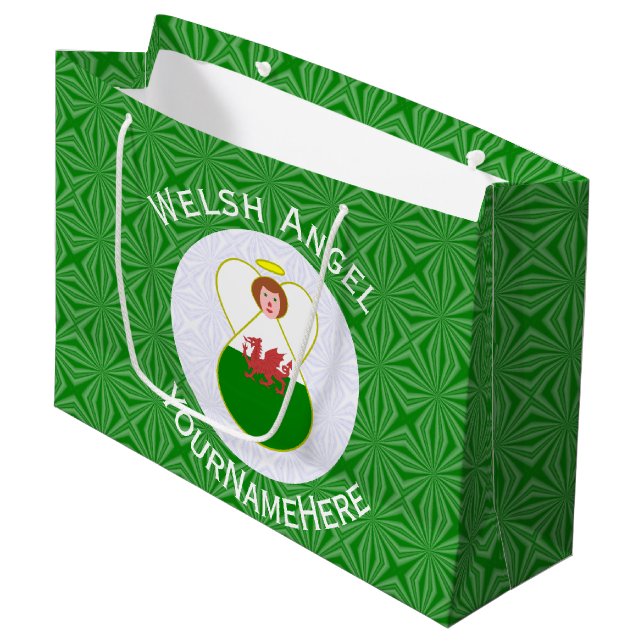 Welsh Angel Christmas Flag Large Gift Bag (Front Angled)