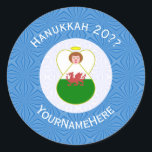 Welsh Angel Hanukkah Flag Personalised  Classic Round Sticker<br><div class="desc">Round sticker shows an angel wearing the flag of Wales on this sticker for holiday or Hanukkah gift decorating. The Welsh Flag angel is found inside a white, fractal circle of squiggly squares. The background is a blue fractal of squiggly squares. Add your own text or personalise with a name...</div>