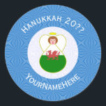 Welsh Angel Hanukkah Flag Personalised  Classic Round Sticker<br><div class="desc">Round sticker shows an angel wearing the flag of Wales on this sticker for holiday or Hanukkah gift decorating. The Welsh Flag angel is found inside a white, fractal circle of squiggly squares. The background is a blue fractal of squiggly squares. Add your own text or personalise with a name...</div>