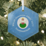 Welsh Angel Hanukkah Flag Personalised  Glass Tree Decoration<br><div class="desc">Design features an angel, wearing the flag of Wales, flying in a white circle of squiggly squares. The background shows blue squiggly squares for Hanukkah celebrations. Above the angel are the words WELSH HANUKKAH ANGEL and a space for the year. Below, add a name to personalise or to create a...</div>