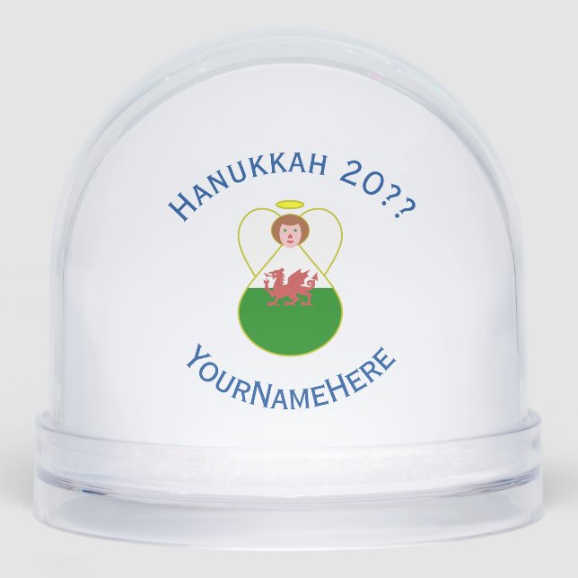Welsh Angel Hanukkah Flag Personalised Snowglobe (Front)
