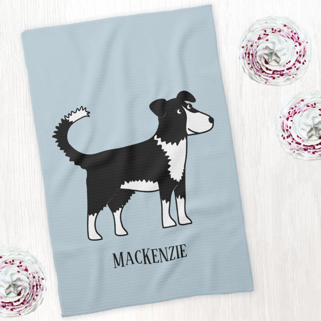 Welsh Border Collie Sheepdog Custom Name Tea Towel (Welsh Border Collie sheepdog personalized name art kitchen tea towel)