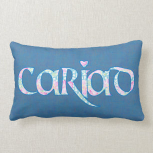 Welsh Cariad Floral Text Design on Navy Blue Lumbar Cushion