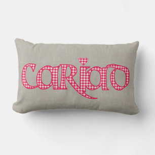 Welsh Cariad Gingham Text Design on Faux Burlap Lumbar Cushion