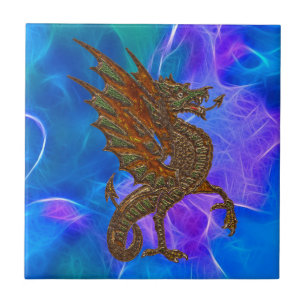 Welsh Celtic Dragon in Gold on Blues II Tile