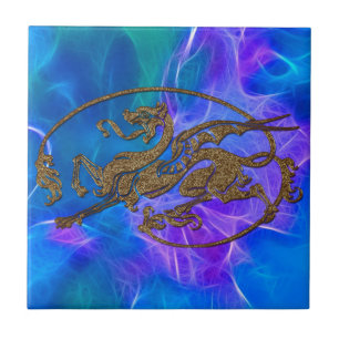 Welsh Celtic Dragon in Gold on Blues Tile