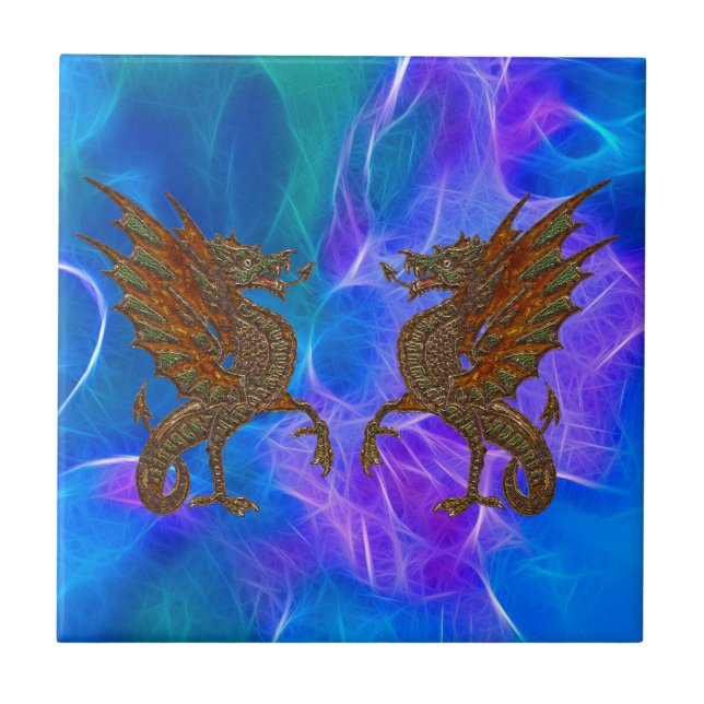Welsh Celtic Dragons in Gold on Blues III Tile (Front)
