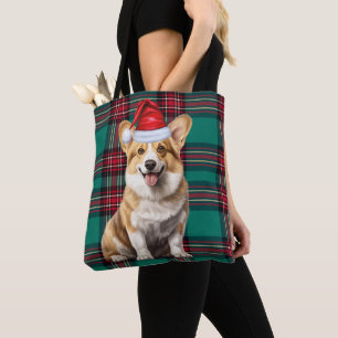 Welsh Corgi Christmas Dog Seasonal Green Plaid Tote Bag