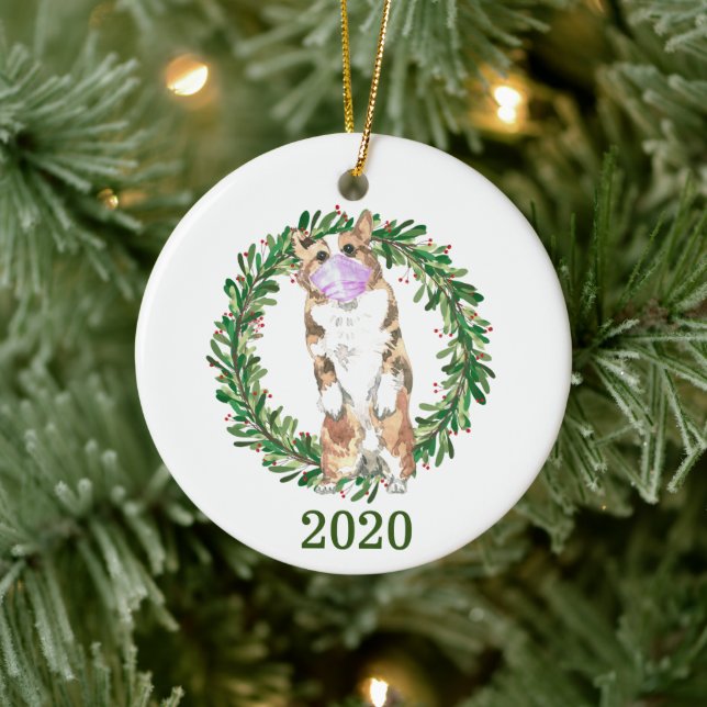 Welsh Corgi Christmas Wearing Face Mask 2020 Ceramic Tree Decoration (Tree)