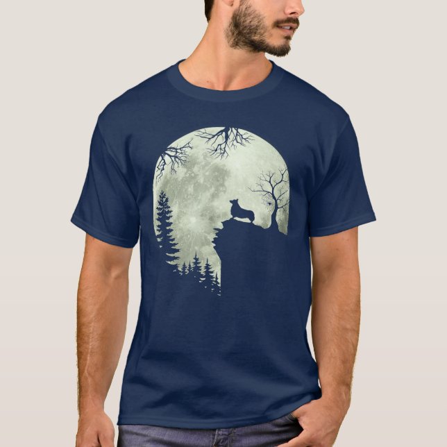 Welsh Corgi Dog and Moon Howl In Forest Dog T-Shirt (Front)