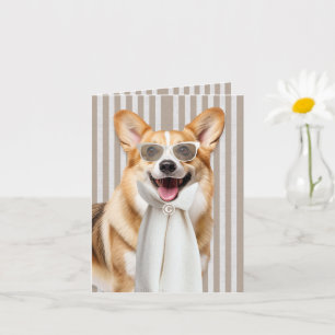Welsh Corgi Dog and Taupe Stripes Monogrammed Card