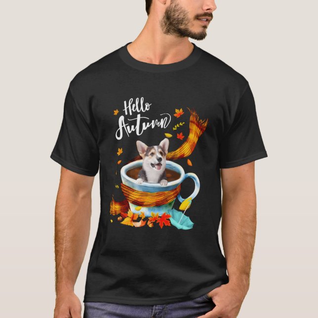 Welsh Corgi Dog Autumn Coffee Hello Autumn Fall Le T-Shirt (Front)