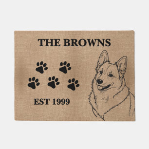 Welsh Corgi Dog & Custom Family Name Welcome Doormat