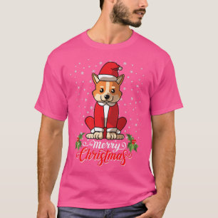 Welsh Corgi Dog Greets Merry Christmas Santa Costu T-Shirt