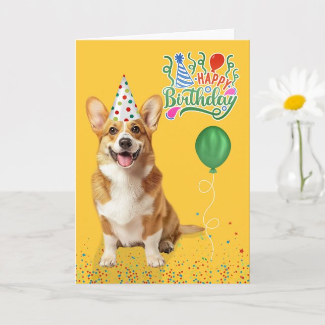 Welsh Corgi Dog in a Party Hat on Yellow Birthday Card (Small Plant)