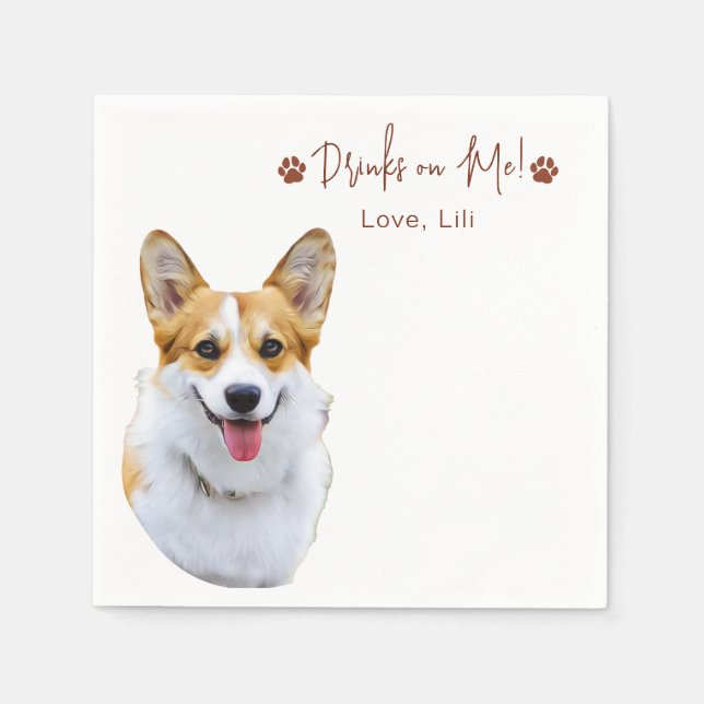 Welsh Corgi Dog Personalised Drinks On Me Napkin (Front)
