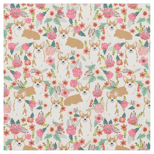 welsh corgi fabric print floral design (Close Up)
