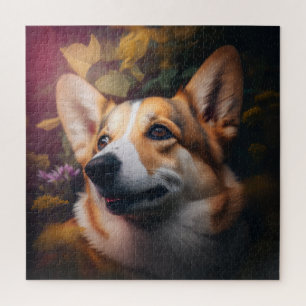 Welsh Corgi in Colourful Garden Bloom Jigsaw Puzzle