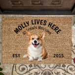 Welsh Corgi Personalised Dog Lover  Doormat<br><div class="desc">Welsh Corgi Personalised Dog lover welcome doormat. This welcome mat can be personalised with your dog’s name, the slogan can also be changed or you could use a picture of your own dog (make sure it's transparent). Text reads: Molly lives here…. All treats welcome Edit the design to change font,...</div>