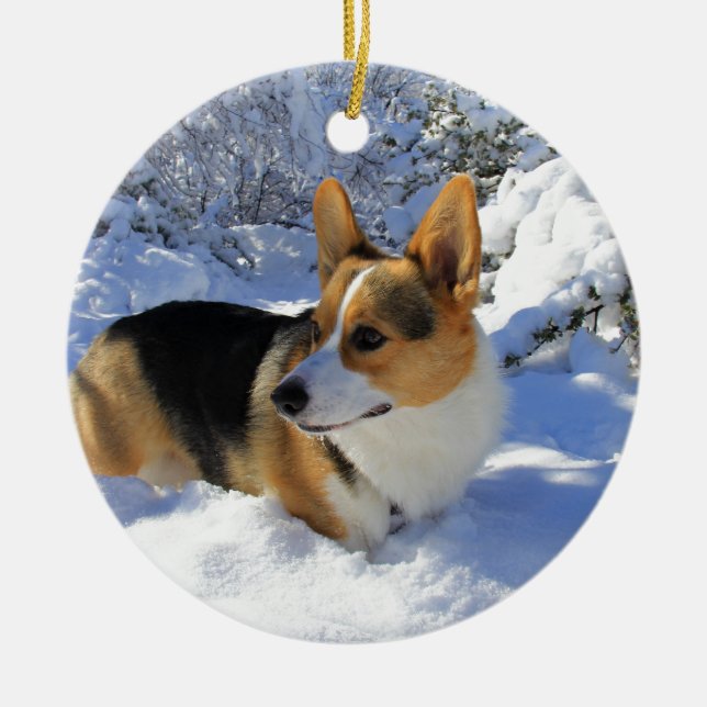 Welsh Corgi Snow Day Ceramic Tree Decoration (Front)