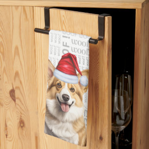 Welsh Corig Dog in Santa Hat Woof Christmas Tea Towel