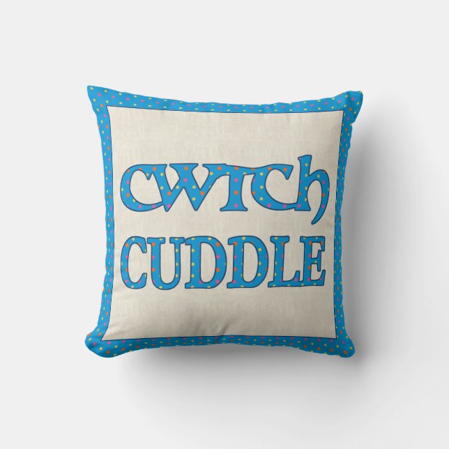Welsh Cwtch Throw Pillow, Cushion, Polkas on Blue Cushion (Front)