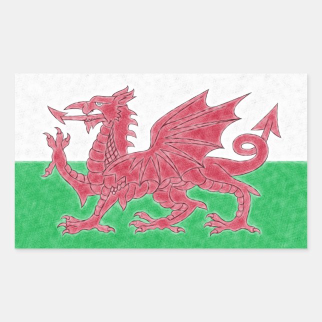 Welsh Dragon Colour Pencil Sketch Effect Wales Fla Rectangular Sticker (Front)
