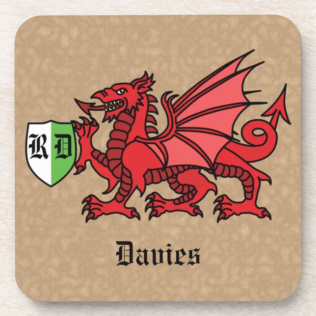 Welsh Dragon Custom Name and Monogram Coaster (Front)
