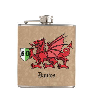 Welsh Dragon Custom Name and Monogram Hip Flask