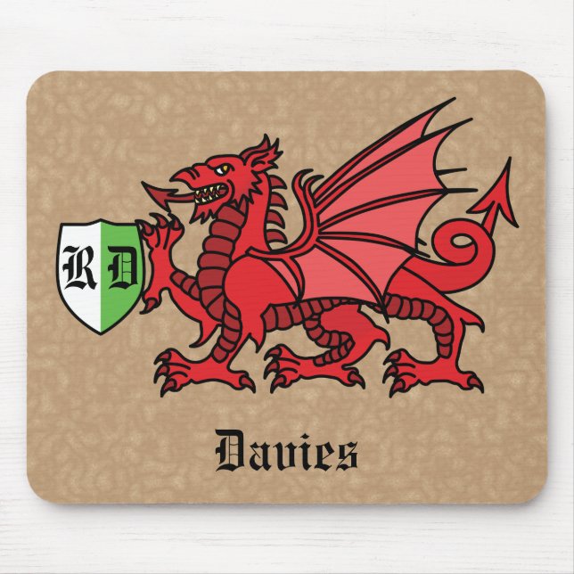 Welsh Dragon Custom Name and Monogram Mouse Mat (Front)