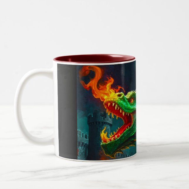Welsh Dragon Provides Heating for English Castle Two-Tone Coffee Mug (Left)