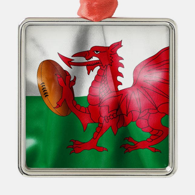 Welsh Dragon Rugby Ball Flag Metal Tree Decoration (Front)