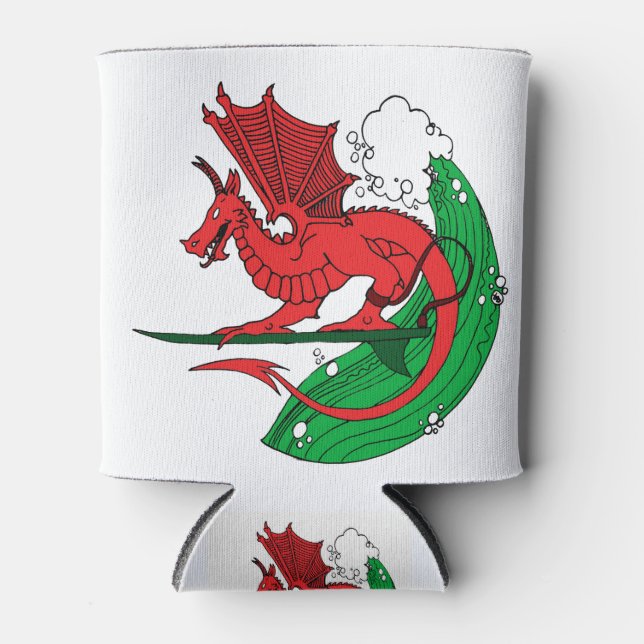 Welsh Dragon Surfing Can Cooler (Front)