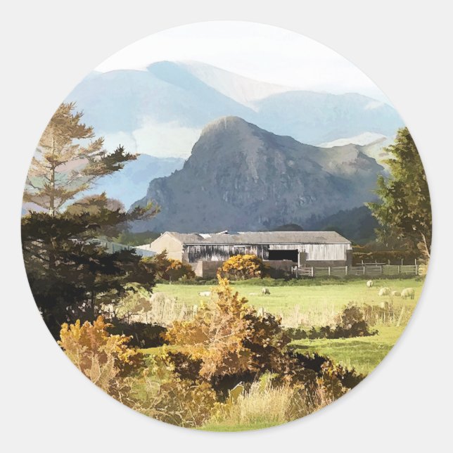 WELSH FARM AND MOUNTAIN LANDSCAPE CLASSIC ROUND STICKER (Front)
