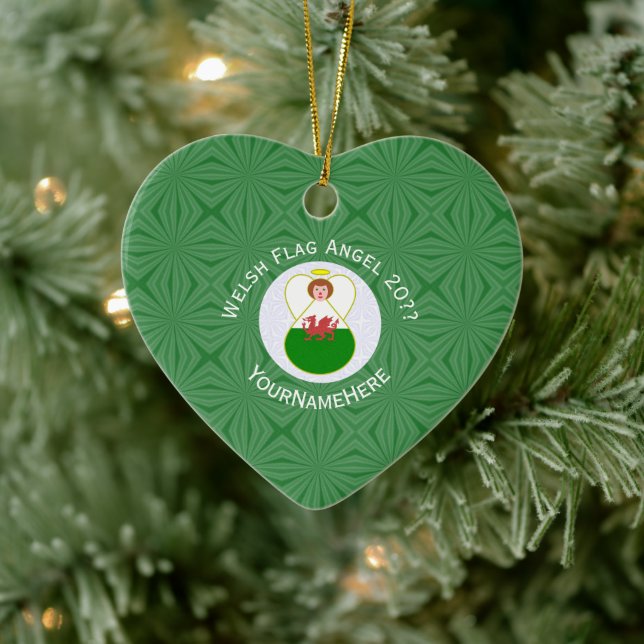 Welsh Flag Angel Christmas Green White Ceramic Tree Decoration (Tree)