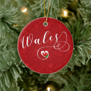 Welsh Flag In Heart, Wales Ceramic Tree Decoration
