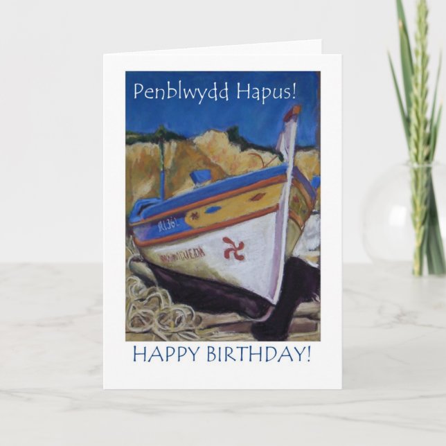 Welsh Greeting Birthday Card: Fishing Boat Card (Front)