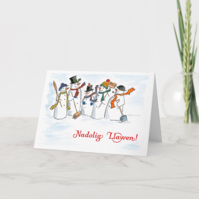 Welsh Language Greeting Christmas Snowmen Card (Front)