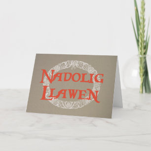 Welsh Language White Christmas Wreath Red Burlap Holiday Card