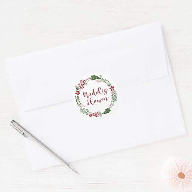 Welsh Merry Christmas Wreath, Nadolig Llawen Ornam Classic Round Sticker (Envelope)