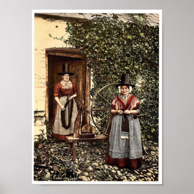 Welsh spinners and spinning wheel, Wales rare Phot Poster (Front)