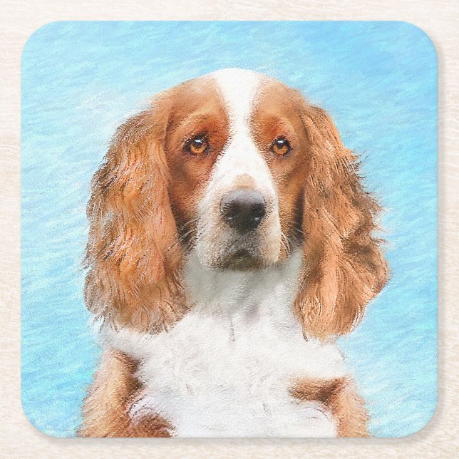 Welsh Springer Spaniel Painting - Original Dog Art Square Paper Coaster (Front)