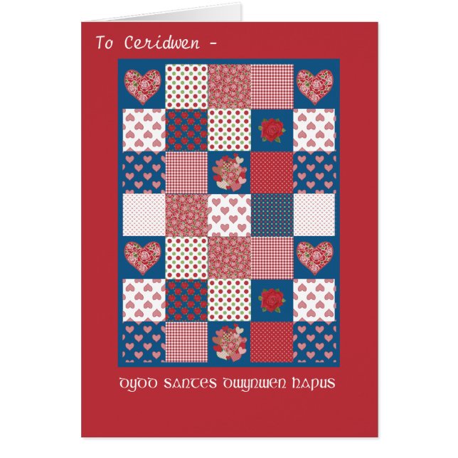 Welsh St Dwynwen's Hearts Roses Faux Patchwork (Front)