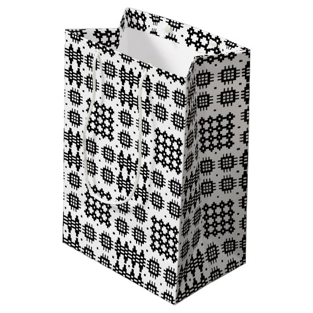 Welsh Tapestry Pattern Black White Medium Gift Bag (Back Angled)