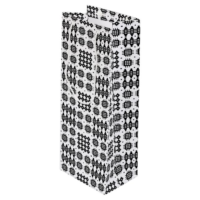 Welsh Tapestry Pattern Black White Wine Gift Bag (Front Angled)