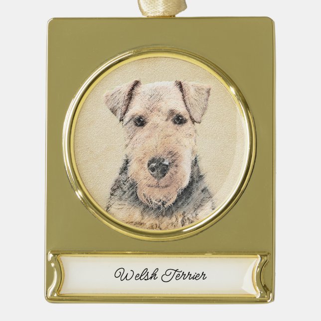 Welsh Terrier Painting - Cute Original Dog Art Gol Gold Plated Banner Ornament (Front)