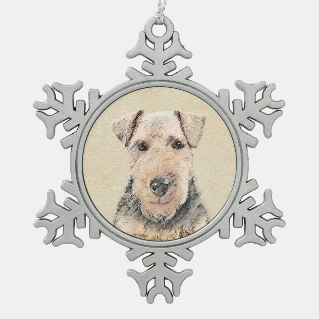 Welsh Terrier Painting - Cute Original Dog Art Snowflake Pewter Christmas Ornament (Front)