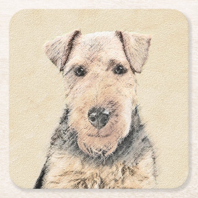 Welsh Terrier Painting - Cute Original Dog Art Square Paper Coaster (Front)