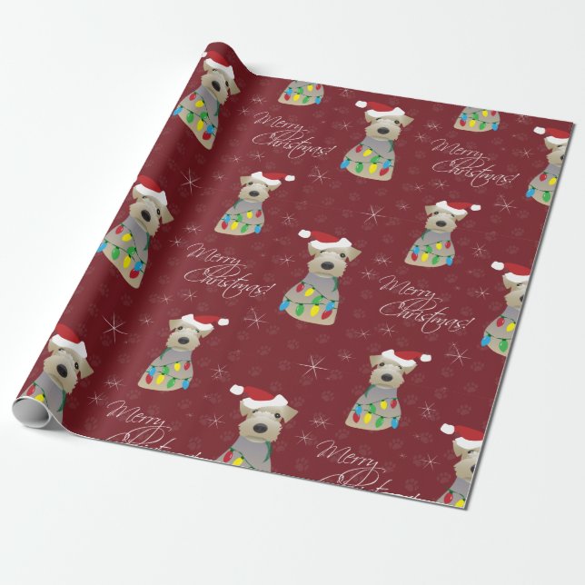 Welsh Terrier Paw Prints Red Christmas Wrapping Paper (Unrolled)