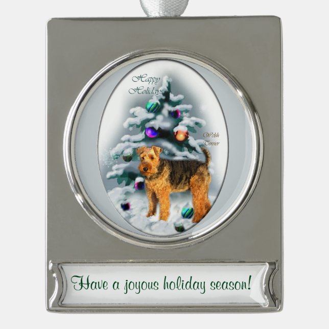 Welsh Terrier Personalised Christmas Silver Plated Banner Ornament (Front)